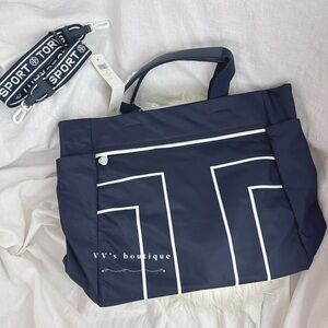 NWT Tory Burch Tory Sport Nylon Graphite T Tote Bag Crossbody Navy White 75774